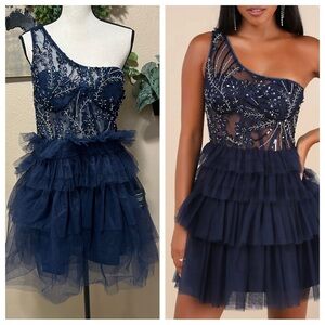 Lulus Fanciful Charm Navy Mesh Beaded Tiered One-Shoulder Mini Dress